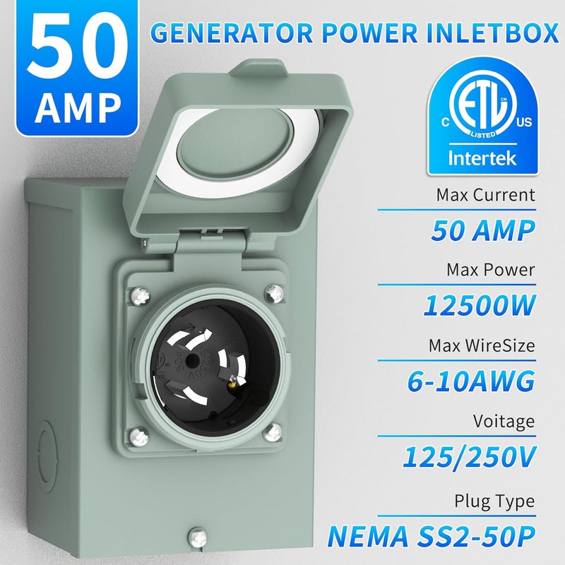 BEBOBLY Generator Inlet Box, 50 Amp NEMA PB50, SS2-50 Power Inlet Box for 3 Prong Generator Cord, 12500W 125/250V Receptacle for Outdoor Use, Generator Accessories,Weatherproof, ETL Listed - Image 2